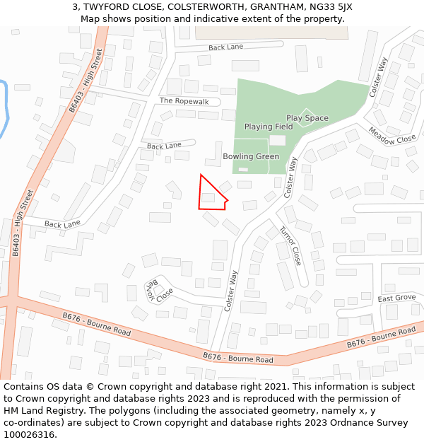 3, TWYFORD CLOSE, COLSTERWORTH, GRANTHAM, NG33 5JX: Location map and indicative extent of plot