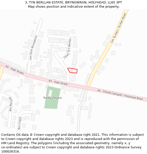 3, TYN BERLLAN ESTATE, BRYNGWRAN, HOLYHEAD, LL65 3PT: Location map and indicative extent of plot