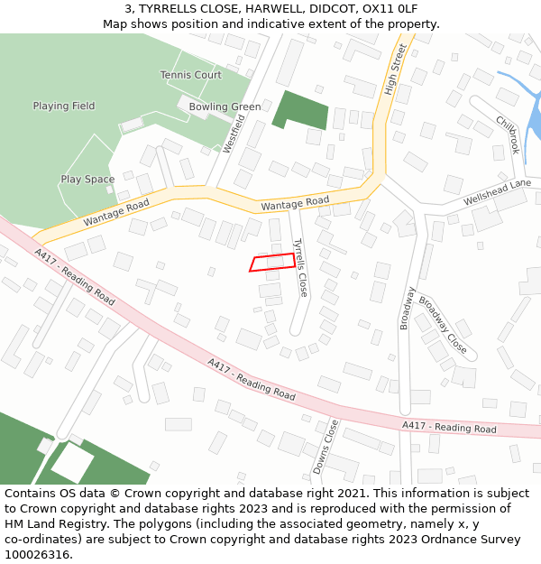 3, TYRRELLS CLOSE, HARWELL, DIDCOT, OX11 0LF: Location map and indicative extent of plot