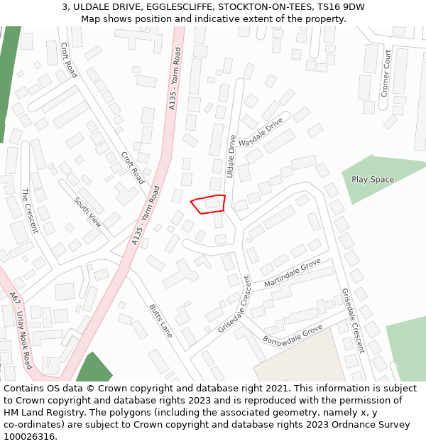 3, ULDALE DRIVE, EGGLESCLIFFE, STOCKTON-ON-TEES, TS16 9DW: Location map and indicative extent of plot