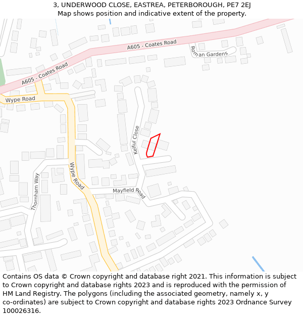 3, UNDERWOOD CLOSE, EASTREA, PETERBOROUGH, PE7 2EJ: Location map and indicative extent of plot