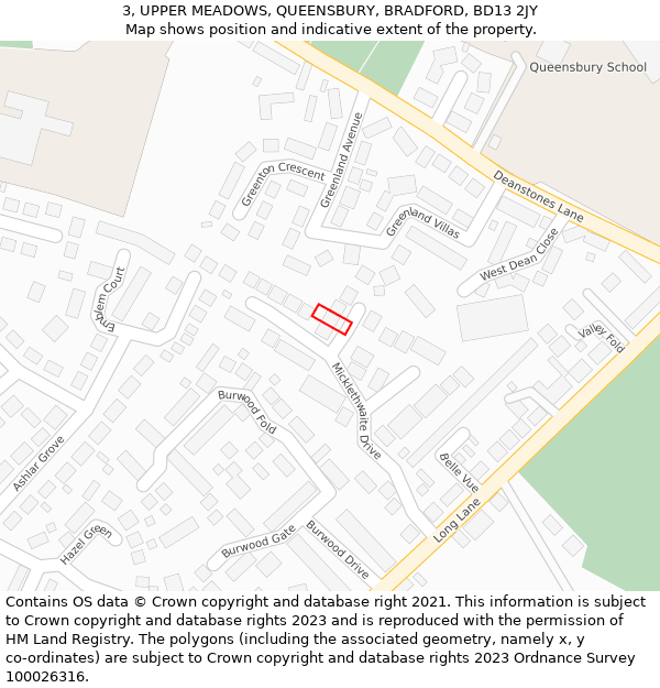 3, UPPER MEADOWS, QUEENSBURY, BRADFORD, BD13 2JY: Location map and indicative extent of plot