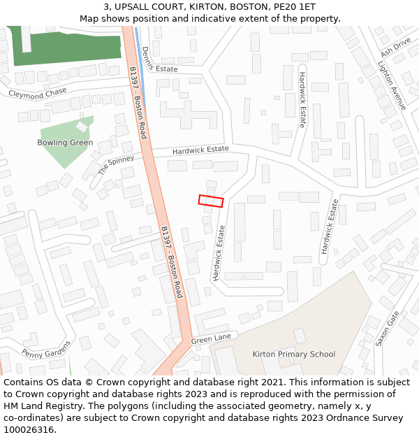 3, UPSALL COURT, KIRTON, BOSTON, PE20 1ET: Location map and indicative extent of plot