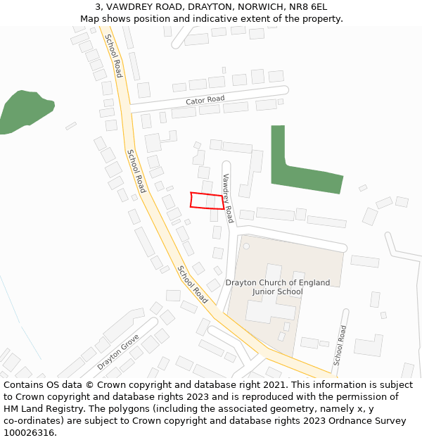 3, VAWDREY ROAD, DRAYTON, NORWICH, NR8 6EL: Location map and indicative extent of plot