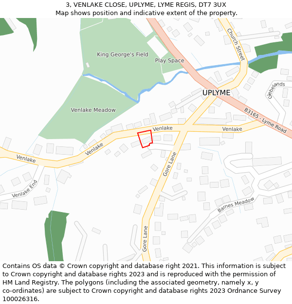 3, VENLAKE CLOSE, UPLYME, LYME REGIS, DT7 3UX: Location map and indicative extent of plot