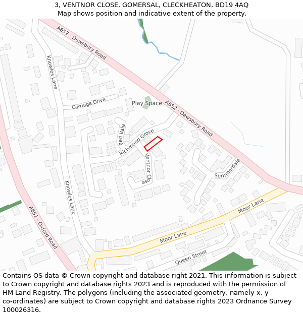 3, VENTNOR CLOSE, GOMERSAL, CLECKHEATON, BD19 4AQ: Location map and indicative extent of plot