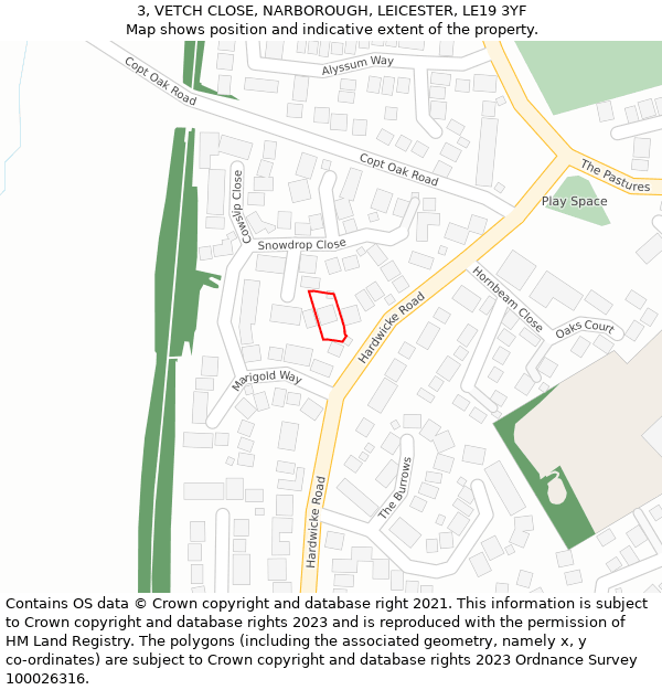 3, VETCH CLOSE, NARBOROUGH, LEICESTER, LE19 3YF: Location map and indicative extent of plot
