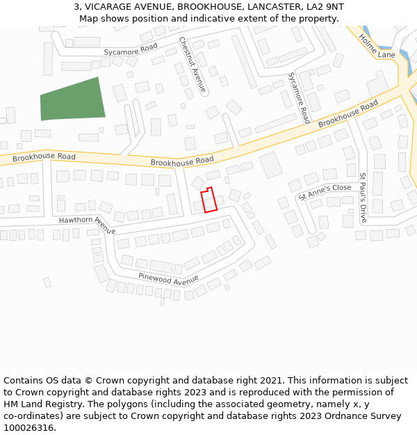 3, VICARAGE AVENUE, BROOKHOUSE, LANCASTER, LA2 9NT: Location map and indicative extent of plot