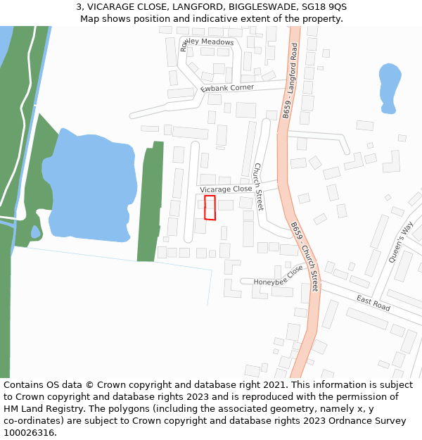 3, VICARAGE CLOSE, LANGFORD, BIGGLESWADE, SG18 9QS: Location map and indicative extent of plot