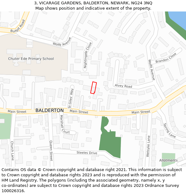 3, VICARAGE GARDENS, BALDERTON, NEWARK, NG24 3NQ: Location map and indicative extent of plot