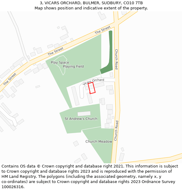 3, VICARS ORCHARD, BULMER, SUDBURY, CO10 7TB: Location map and indicative extent of plot