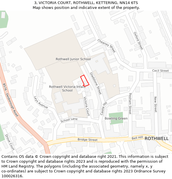 3, VICTORIA COURT, ROTHWELL, KETTERING, NN14 6TS: Location map and indicative extent of plot