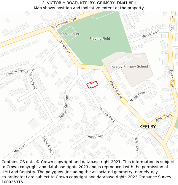 3, VICTORIA ROAD, KEELBY, GRIMSBY, DN41 8EH: Location map and indicative extent of plot