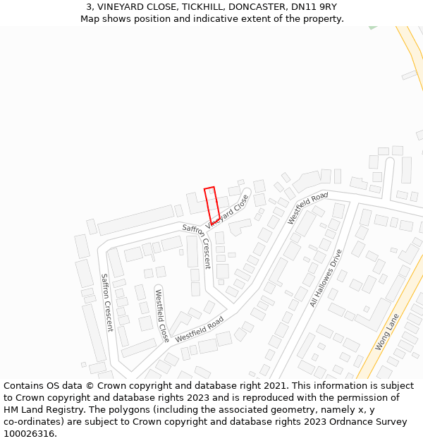 3, VINEYARD CLOSE, TICKHILL, DONCASTER, DN11 9RY: Location map and indicative extent of plot