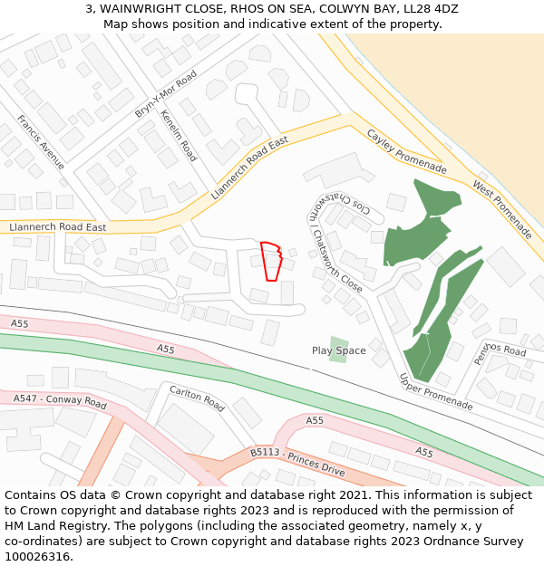 3, WAINWRIGHT CLOSE, RHOS ON SEA, COLWYN BAY, LL28 4DZ: Location map and indicative extent of plot