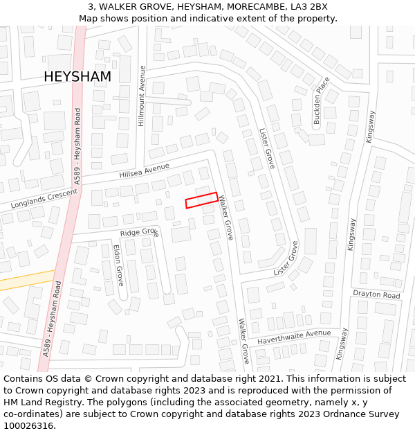 3, WALKER GROVE, HEYSHAM, MORECAMBE, LA3 2BX: Location map and indicative extent of plot