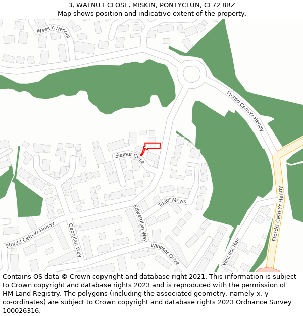 3, WALNUT CLOSE, MISKIN, PONTYCLUN, CF72 8RZ: Location map and indicative extent of plot