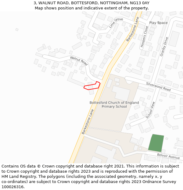 3, WALNUT ROAD, BOTTESFORD, NOTTINGHAM, NG13 0AY: Location map and indicative extent of plot