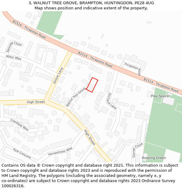 3, WALNUT TREE GROVE, BRAMPTON, HUNTINGDON, PE28 4UG: Location map and indicative extent of plot