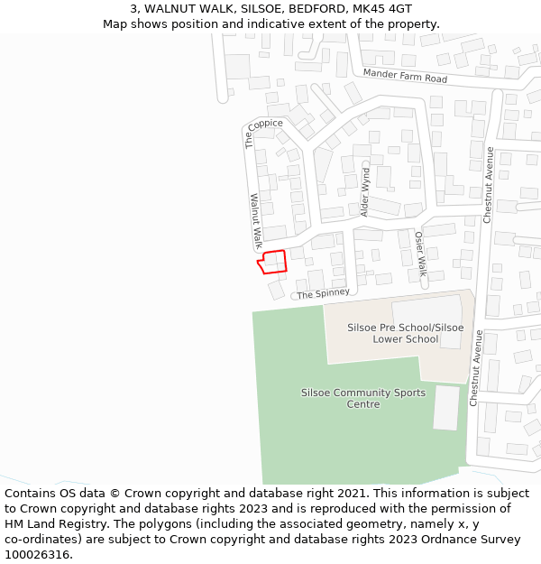 3, WALNUT WALK, SILSOE, BEDFORD, MK45 4GT: Location map and indicative extent of plot