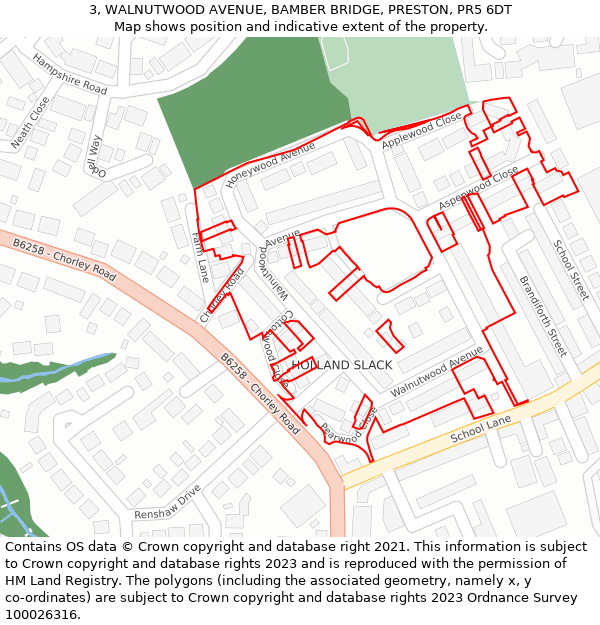 3, WALNUTWOOD AVENUE, BAMBER BRIDGE, PRESTON, PR5 6DT: Location map and indicative extent of plot