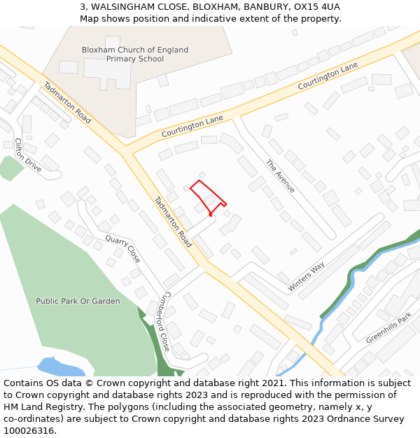 3, WALSINGHAM CLOSE, BLOXHAM, BANBURY, OX15 4UA: Location map and indicative extent of plot