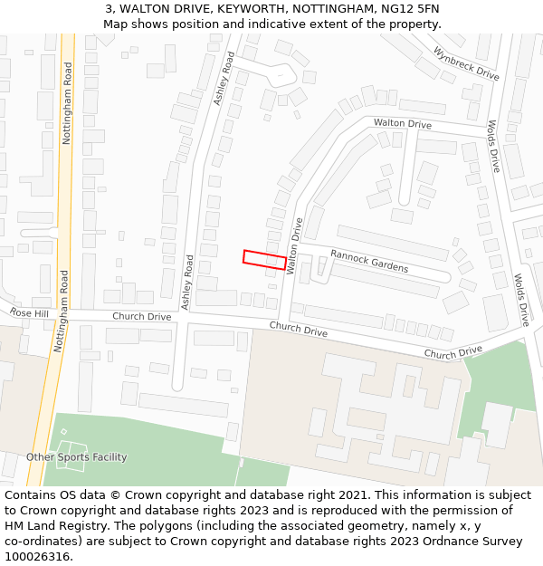 3, WALTON DRIVE, KEYWORTH, NOTTINGHAM, NG12 5FN: Location map and indicative extent of plot