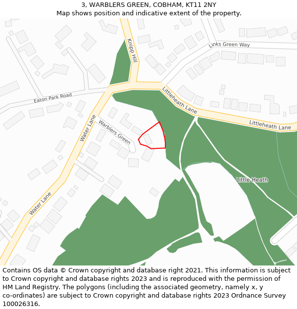 3, WARBLERS GREEN, COBHAM, KT11 2NY: Location map and indicative extent of plot