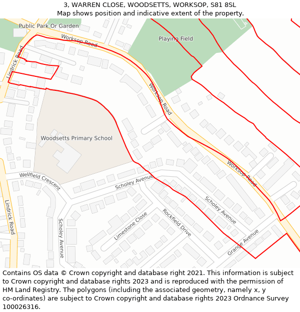 3, WARREN CLOSE, WOODSETTS, WORKSOP, S81 8SL: Location map and indicative extent of plot