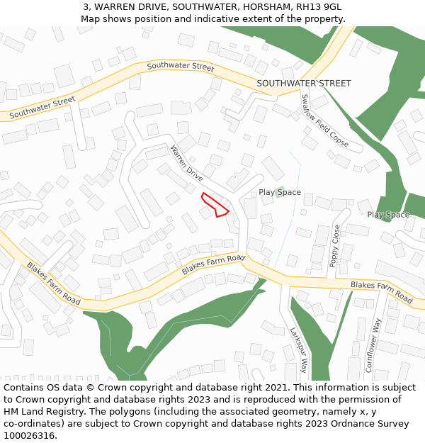 3, WARREN DRIVE, SOUTHWATER, HORSHAM, RH13 9GL: Location map and indicative extent of plot