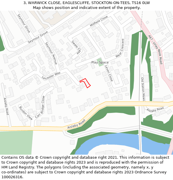 3, WARWICK CLOSE, EAGLESCLIFFE, STOCKTON-ON-TEES, TS16 0LW: Location map and indicative extent of plot