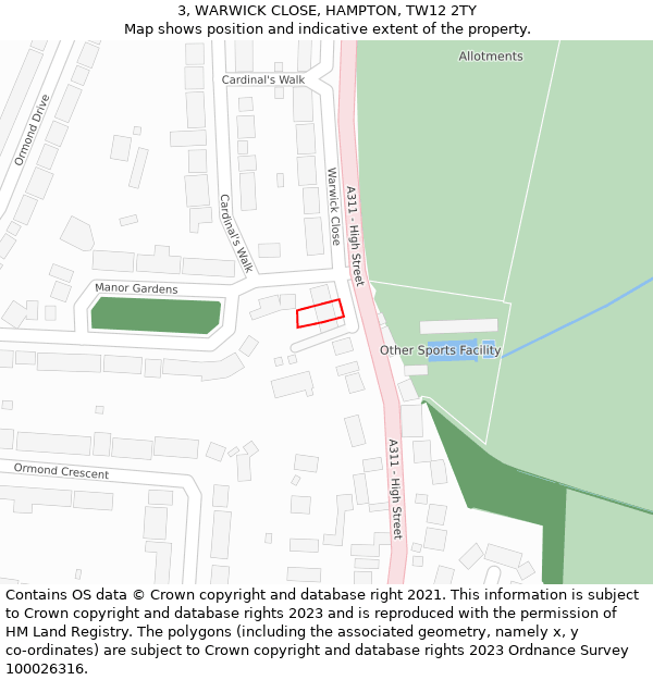 3, WARWICK CLOSE, HAMPTON, TW12 2TY: Location map and indicative extent of plot