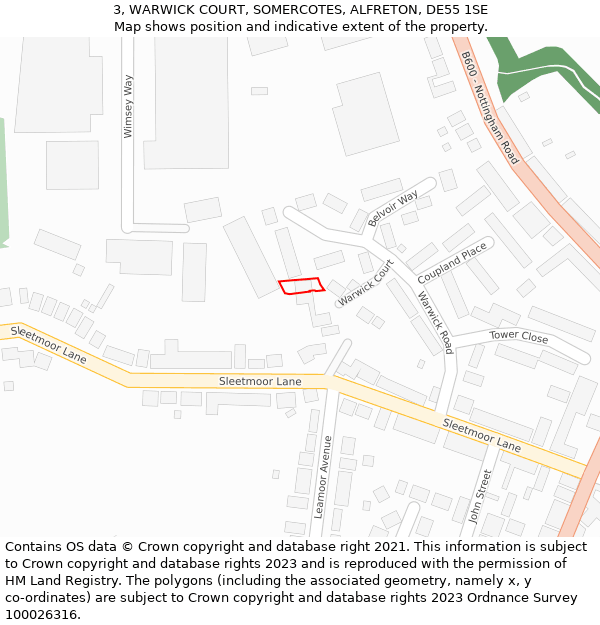 3, WARWICK COURT, SOMERCOTES, ALFRETON, DE55 1SE: Location map and indicative extent of plot