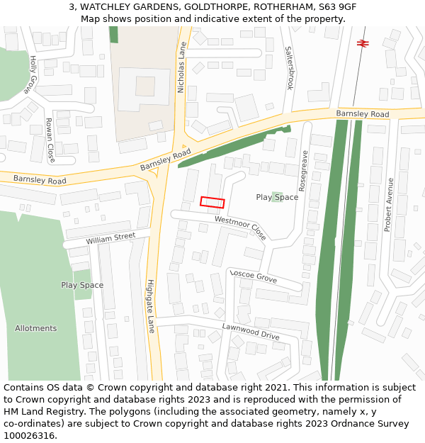 3, WATCHLEY GARDENS, GOLDTHORPE, ROTHERHAM, S63 9GF: Location map and indicative extent of plot