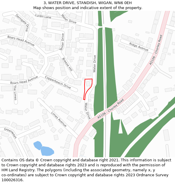 3, WATER DRIVE, STANDISH, WIGAN, WN6 0EH: Location map and indicative extent of plot