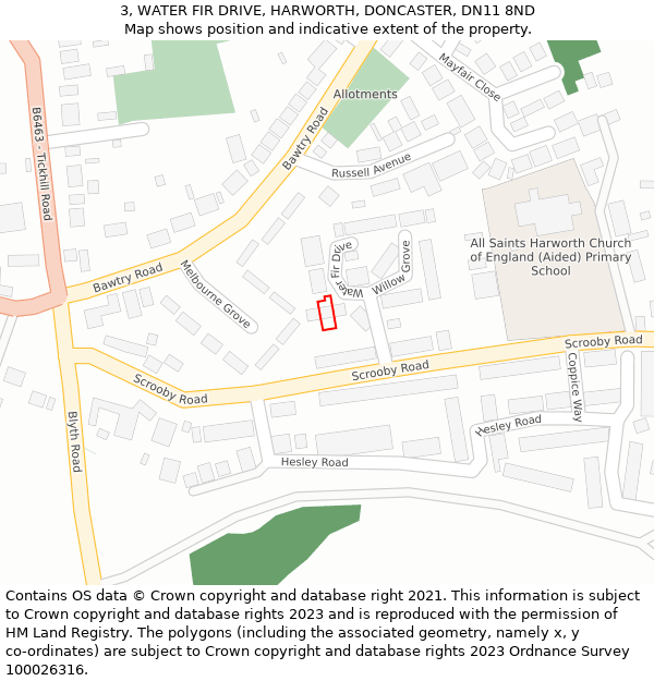 3, WATER FIR DRIVE, HARWORTH, DONCASTER, DN11 8ND: Location map and indicative extent of plot