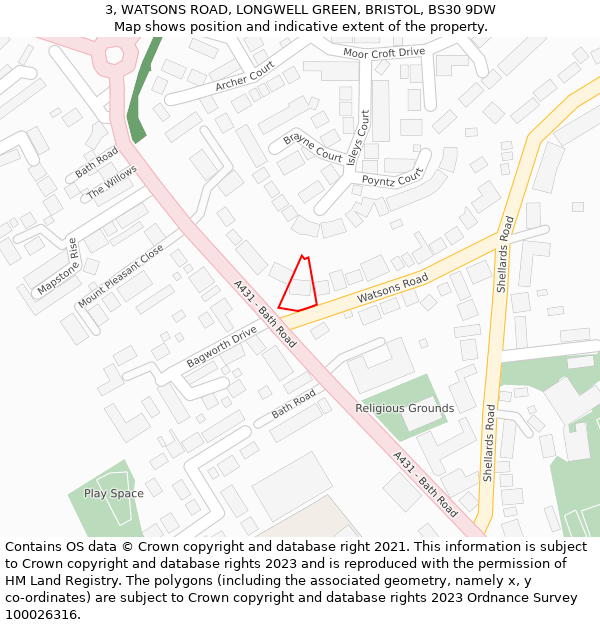 3, WATSONS ROAD, LONGWELL GREEN, BRISTOL, BS30 9DW: Location map and indicative extent of plot