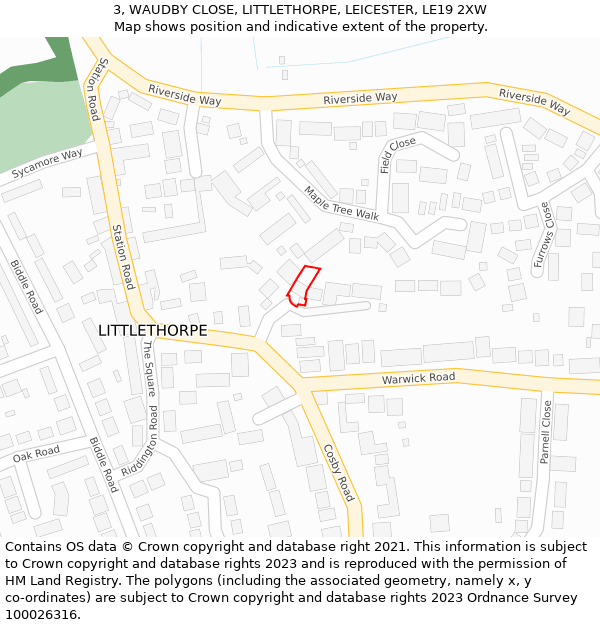 3, WAUDBY CLOSE, LITTLETHORPE, LEICESTER, LE19 2XW: Location map and indicative extent of plot
