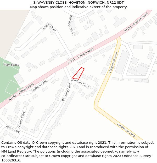 3, WAVENEY CLOSE, HOVETON, NORWICH, NR12 8DT: Location map and indicative extent of plot