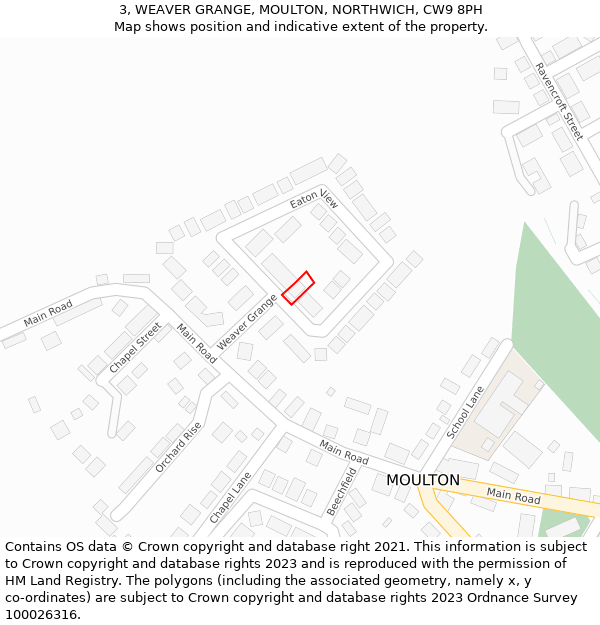 3, WEAVER GRANGE, MOULTON, NORTHWICH, CW9 8PH: Location map and indicative extent of plot