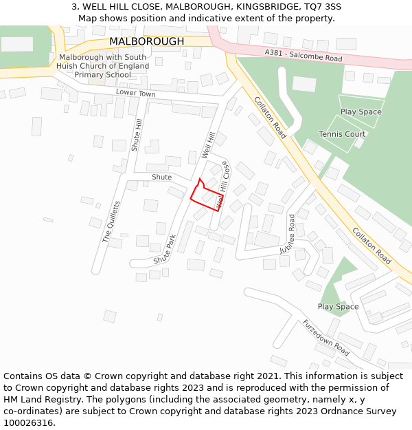 3, WELL HILL CLOSE, MALBOROUGH, KINGSBRIDGE, TQ7 3SS: Location map and indicative extent of plot