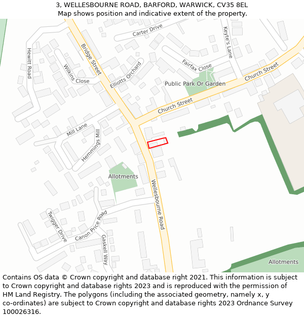 3, WELLESBOURNE ROAD, BARFORD, WARWICK, CV35 8EL: Location map and indicative extent of plot