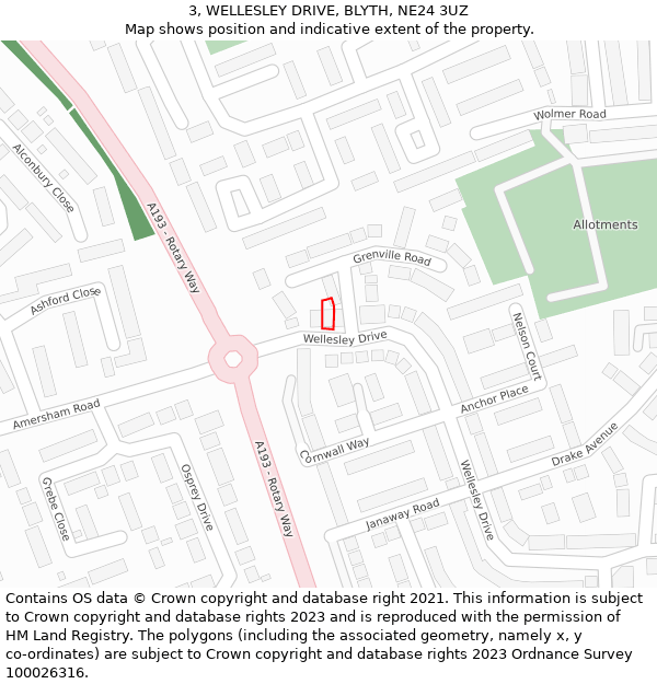 3, WELLESLEY DRIVE, BLYTH, NE24 3UZ: Location map and indicative extent of plot