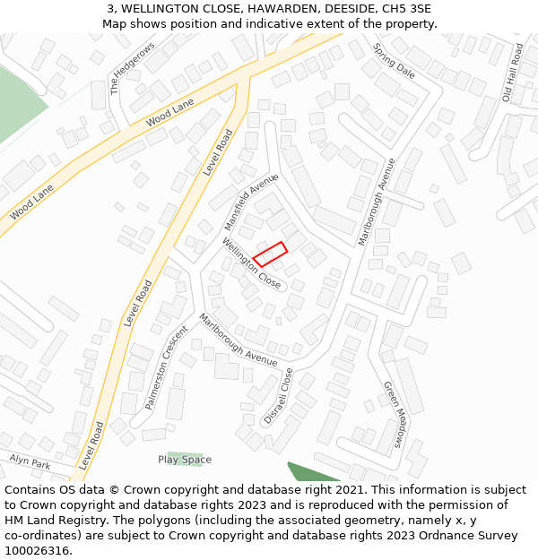 3, WELLINGTON CLOSE, HAWARDEN, DEESIDE, CH5 3SE: Location map and indicative extent of plot