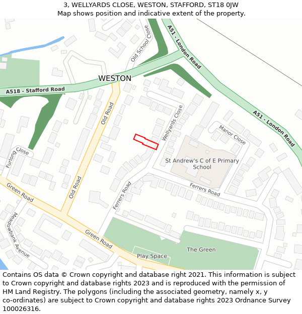 3, WELLYARDS CLOSE, WESTON, STAFFORD, ST18 0JW: Location map and indicative extent of plot