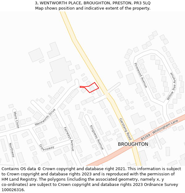 3, WENTWORTH PLACE, BROUGHTON, PRESTON, PR3 5LQ: Location map and indicative extent of plot