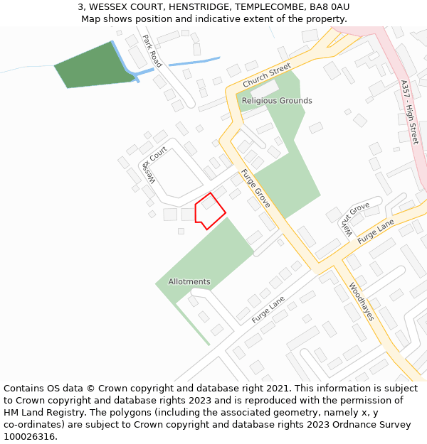 3, WESSEX COURT, HENSTRIDGE, TEMPLECOMBE, BA8 0AU: Location map and indicative extent of plot