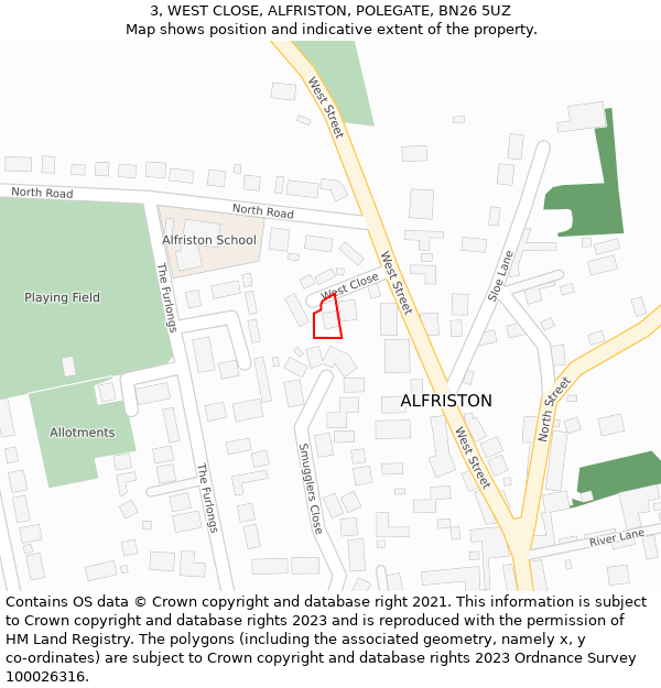 3, WEST CLOSE, ALFRISTON, POLEGATE, BN26 5UZ: Location map and indicative extent of plot