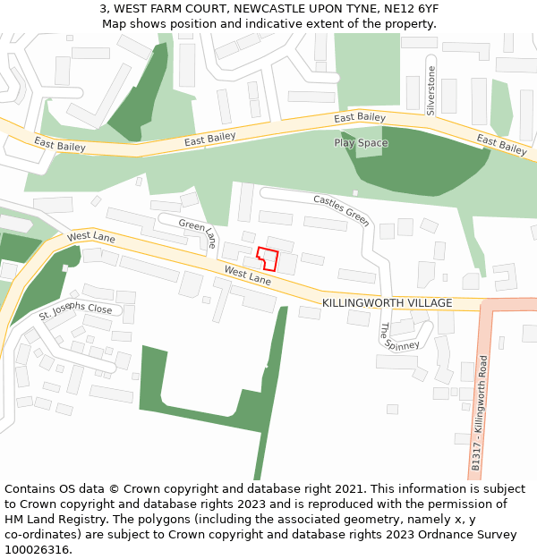 3, WEST FARM COURT, NEWCASTLE UPON TYNE, NE12 6YF: Location map and indicative extent of plot