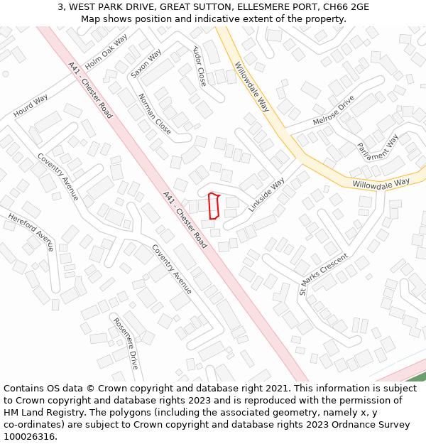 3, WEST PARK DRIVE, GREAT SUTTON, ELLESMERE PORT, CH66 2GE: Location map and indicative extent of plot